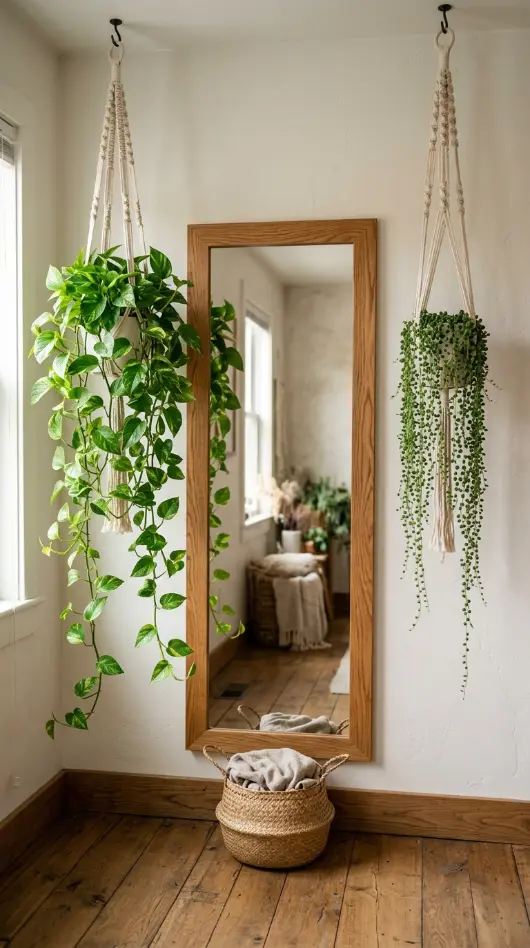 12 Floor Mirror Bedroom Cottagecore Wooden Morning Light 6 6. Mirror Framed by Two Hanging Plants in Macrame Holders
