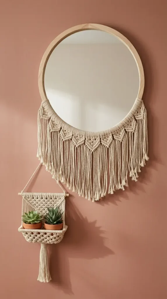13 Decorated Mirror Boho Macrame DIY Bedroom Earthy Wall 6 6. Mirror With Macrame Fringe Draped Only Along the Bottom Edge