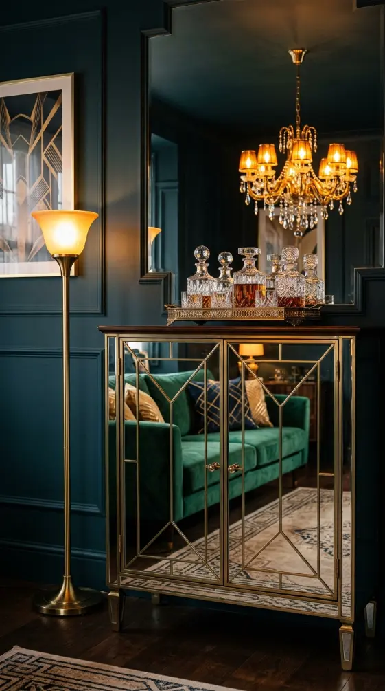 15 Vintage Home Decor Ideas Neo Deco Living Room Glamour 6 6. Mirrored Surfaces and Reflective Cabinets for Glamorous Depth