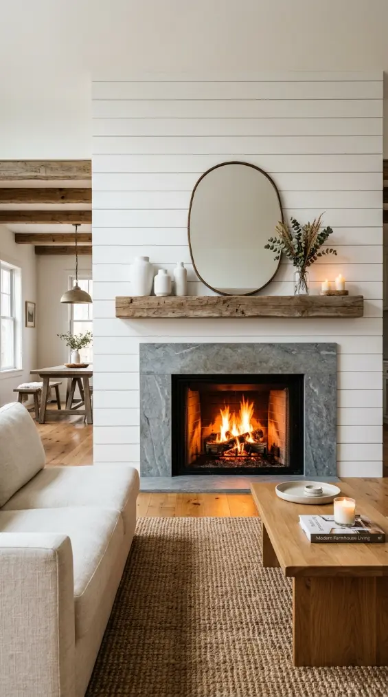 30 Modern Farmhouse Interior Design Seamless Floor Open Plan 6 6. Modern Farmhouse Living Zone — Shiplap Fireplace Wall