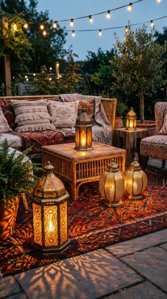 28 Outdoor Patio Ideas for a Boho Layered Living Room 6 6. Moroccan Lanterns at Floor Level and on Low Tables