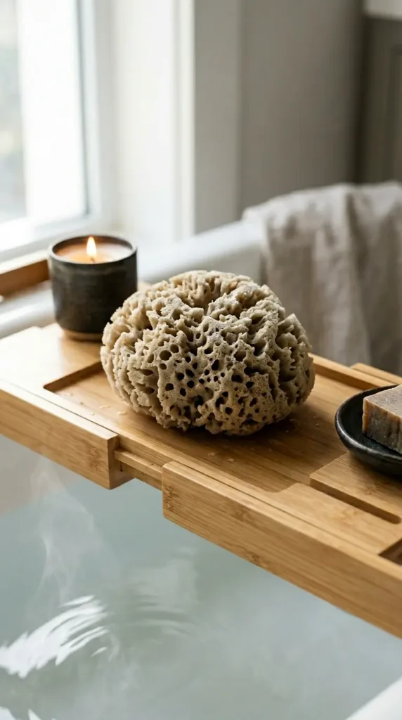 16 Rustic Bathtub Tray Ideas for a Spa Style Bamboo Tub 6 6. Natural Sea Sponge as a Tactile Bath Object