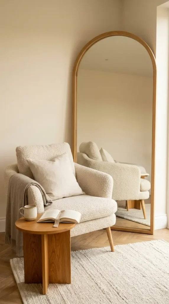 17 Big Mirror in Bedroom Oversized Oak Arch Warm Neutral 6 6. Oak Arch Mirror and Boucle Chair Morning Reading Corner