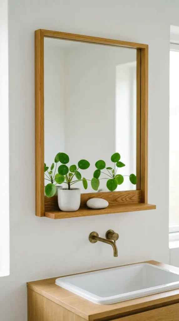28 Minimal Bathroom Plants Decor Inspiration Oak White Style 6 6. Oak Mirror Frame with Plant Ledge