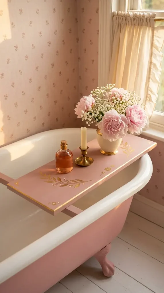 18 Bathtub Caddy Vintage Clawfoot Rustic Wood Floral Brass 6 6. Painted Floral Clawfoot Caddy in Dusty Rose With Gold Details