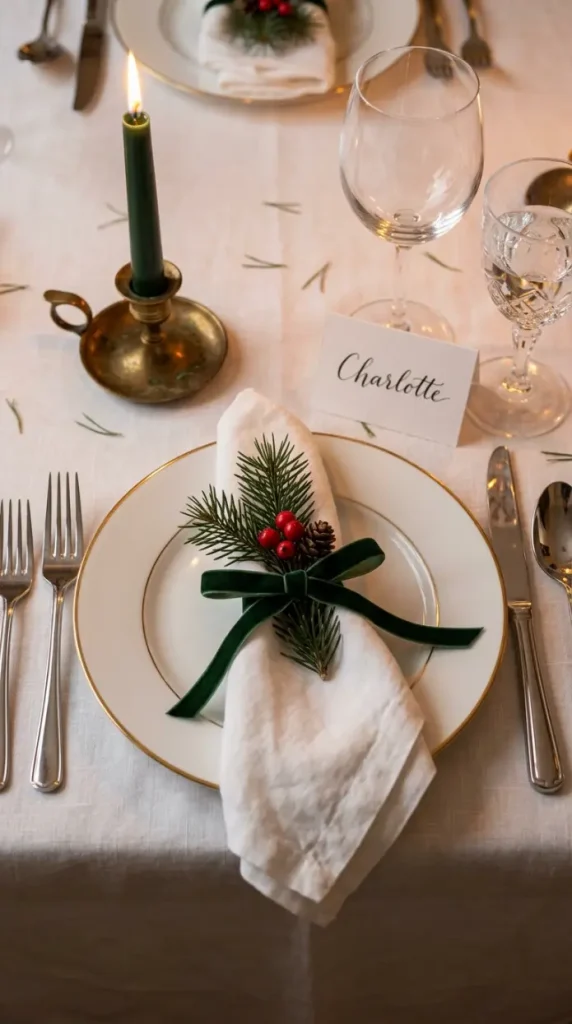13 Festive Table Decorations Candles Classic Christmas Green 6 6. Place Settings With Fresh Holly Pine Sprigs and a Single Taper Candle per Guest