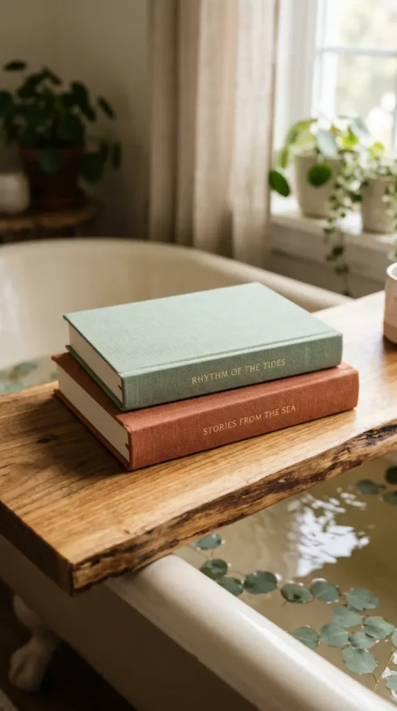 10 Bathtub Tray Ideas Boho Rattan Warm Earthy Style 6 6. Place a Small Stack of Linen-Bound Books at One End of the Tray