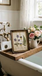 24 Romantic Bathtub Caddy Decor Ideas Garden Cottage Floral 6 6. Pressed Flower Frame Detail — Botanical Art Beside the Tub