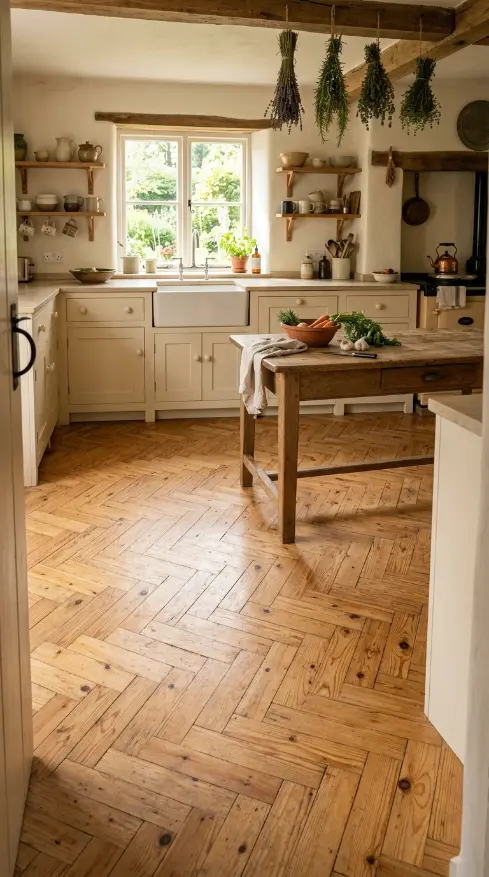 25 Kitchen Flooring Ideas for Farmhouse Herringbone Reclaimed 6 6. Reclaimed Pine Herringbone — Softer Farmhouse Character