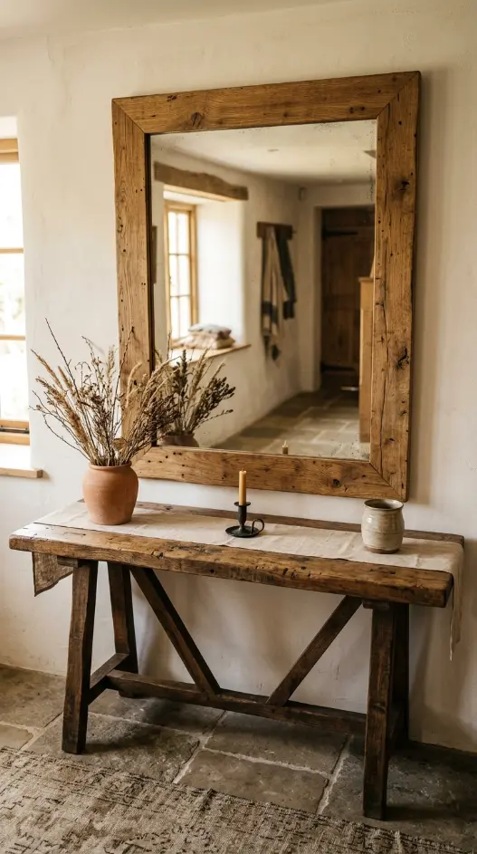 26 Console Table Styling Reclaimed Wood Rustic Farmhouse 6 6. Reclaimed Wood Console With a Vintage Mirror in a Reclaimed Timber Frame