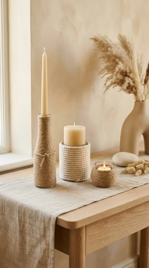 16 Console Table Styling Curved Soft Beige Rope Knot 6 6. Rope-Wrapped Candle Holders and Candlelight