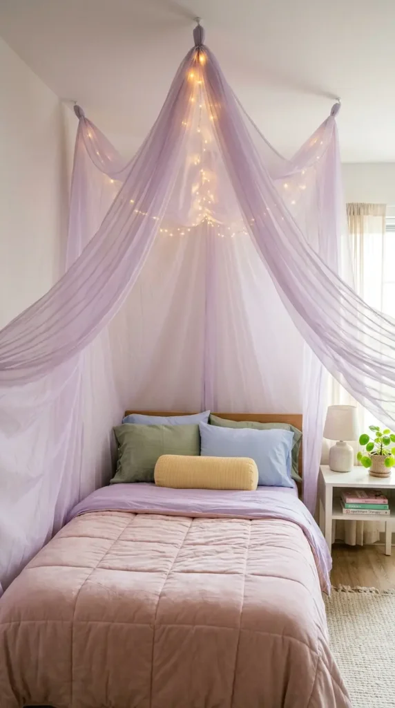 16 Dorm Bedding Ideas Pastel Aesthetic Girls Twin XL 6 6. Sheer Pastel Bed Canopy for a Dreamy Frame