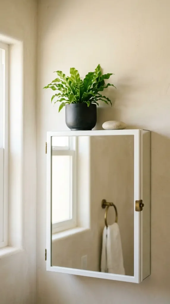 14 Minimal Bathroom Plants Decor Inspiration Small Space 6 6. Small Fern on a Bathroom Medicine Cabinet Top