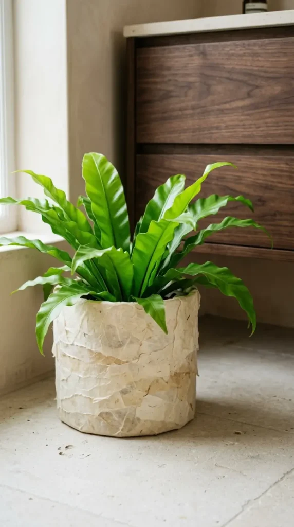24 Modern Bathroom Plant Aesthetic Japandi Bonsai Minimal 6 6. Specimen Fern in a Washi-Wrapped Ceramic Pot
