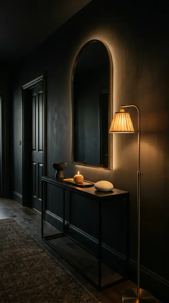 12 Hallway Mirror Ideas Arch LED Backlit Dark Luxury 6 6. Style the Dark Hallway Arch Mirror With a Console and Tall Floor Lamp
