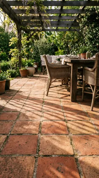 26 Outdoor Patio Ideas With a Cozy Pergola Dining Setup 6 6. Terracotta Paver Floor Beneath the Pergola