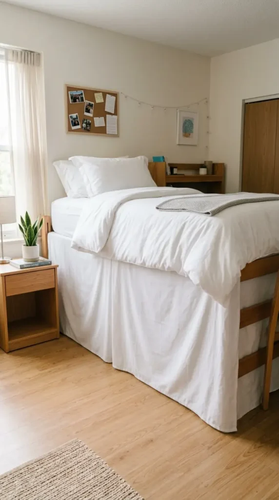 24 Dorm Bedding Ideas Clean White Minimal Luxe Hotel Style 6 6. The Bed Risers and Under-Bed Storage Concealment — Elevated Clean Lines