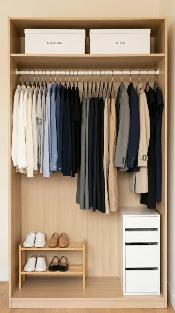 25 Small Storage Closet Organization Tiny Apartment Ideas 6 6. The Capsule Wardrobe Closet — Edit Before Organizing
