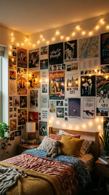26 Dorm Bed Inspo Maximalist Gallery Wall Twin XL Style 6 6. The Layered String Light Weave — Multi-Height Ambient Pattern
