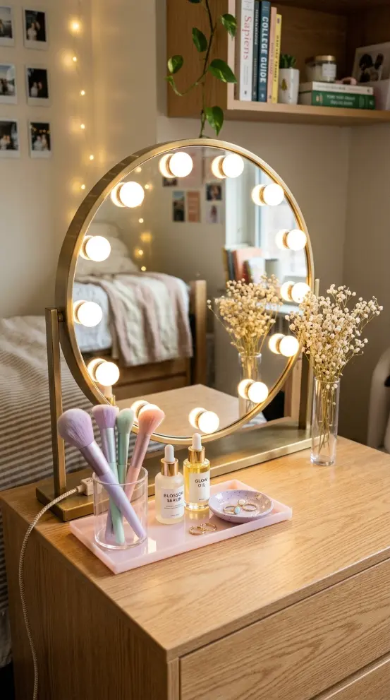 24 College Bedroom Ideas Pastel Girly Aesthetic Dreamy Style 6 6. The Pastel Vanity Mirror with Light-Up Frame — Glamour Corner Detail