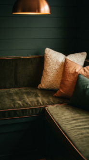 13 DIY Breakfast Nook Dark Green Shiplap Moody Corner 6 6. Upholster the Bench Cushion in Dark Olive Velvet or Forest Green Linen