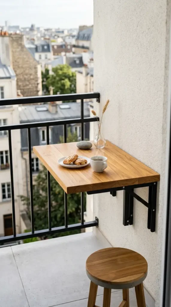 16 Minimal Outdoor Living Space Design for a Small Balcony 6 6. Wall-Mounted Folding Table — Zero Floor Footprint Dining