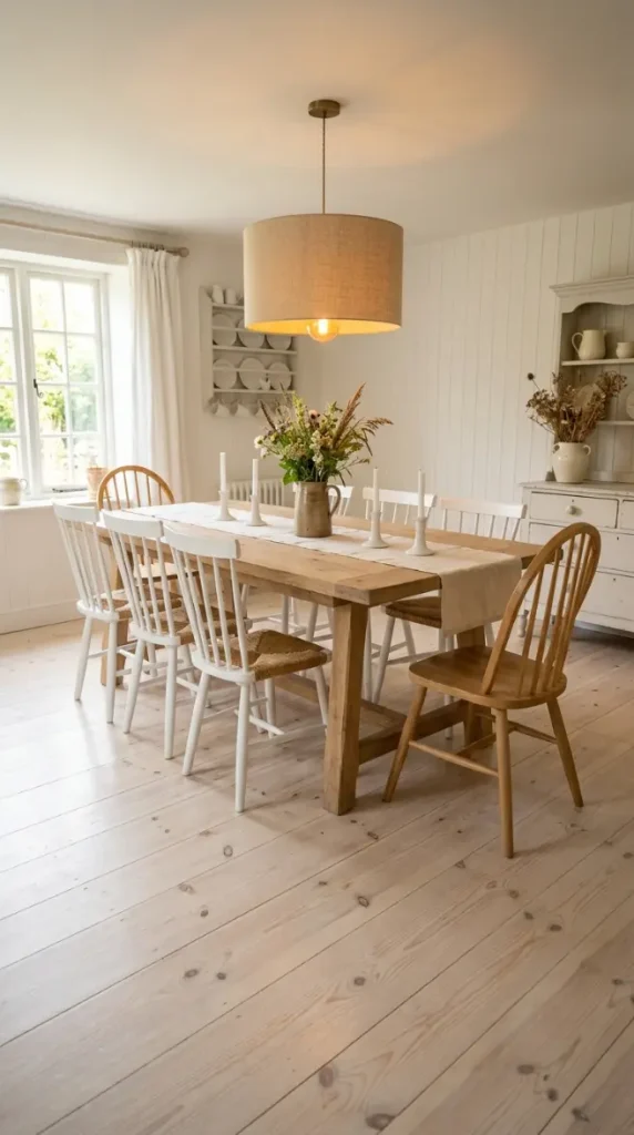 27 Light Wood Flooring for Farmhouse Whitewashed Pine Style 6 6. Whitewashed Pine Dining Room — Long Farmhouse Table