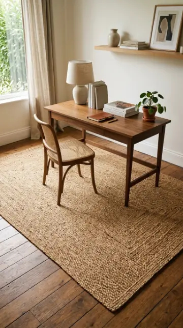 26 Cozy Home Office Warm Wood Linen Neutral Style Ideas 7 7. A Natural Jute or Wool Rug to Anchor the Desk Zone