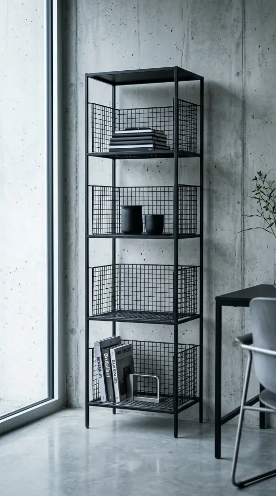 24 Home Office Inspiration Modern Minimal Concrete Steel 7 7. A Single Steel Shelving Frame With Open Wire Mesh Baskets