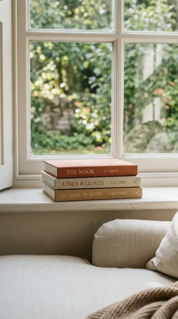 13 Chaise Lounge Reading Nook Cream Linen Window Quiet Luxury 7 7. A Stack of Three Books on the Window Sill