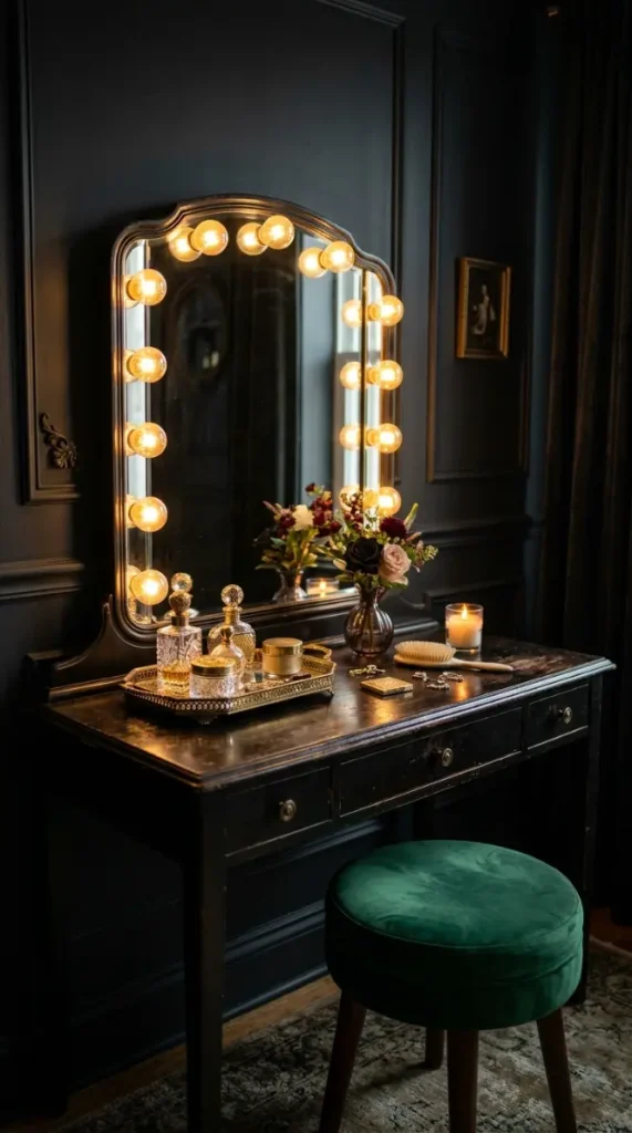 20 Vintage Home Aesthetic Glamouratti Moody Apartment 7 7. A Vanity Table With a Hollywood Mirror as the Boudoir Element