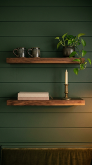 13 DIY Breakfast Nook Dark Green Shiplap Moody Corner 7 7. Add Open Shelving on the Shiplap Wall Above the Bench Back