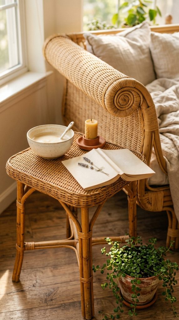 10 Chaise Lounge Reading Nook Rattan Daybed Boho Sunlit Nook 7 7. Add a Small Rattan Side Table for the Reading Nooks Functional Layer