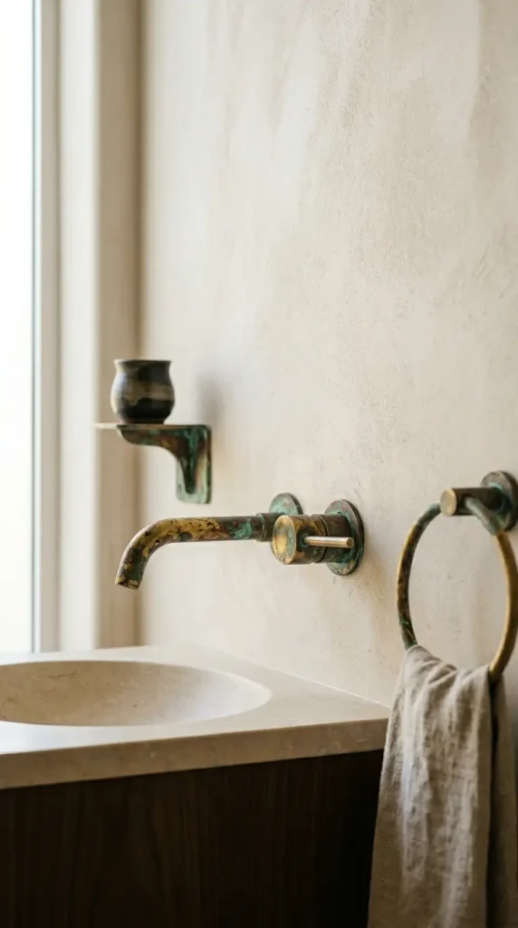 24 Modern Bathroom Plant Aesthetic Japandi Bonsai Minimal 7 7. Aged Brass Tap and Hardware as Japandi Metal Accent