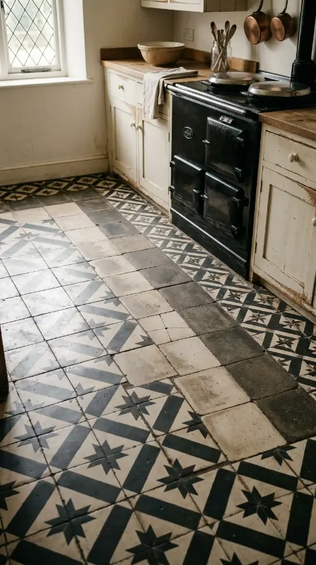 26 Kitchen Flooring Ideas for Farmhouse Black White Encaustic 7 7. Aged and Worn Encaustic Tile Patina — The Beauty of Use