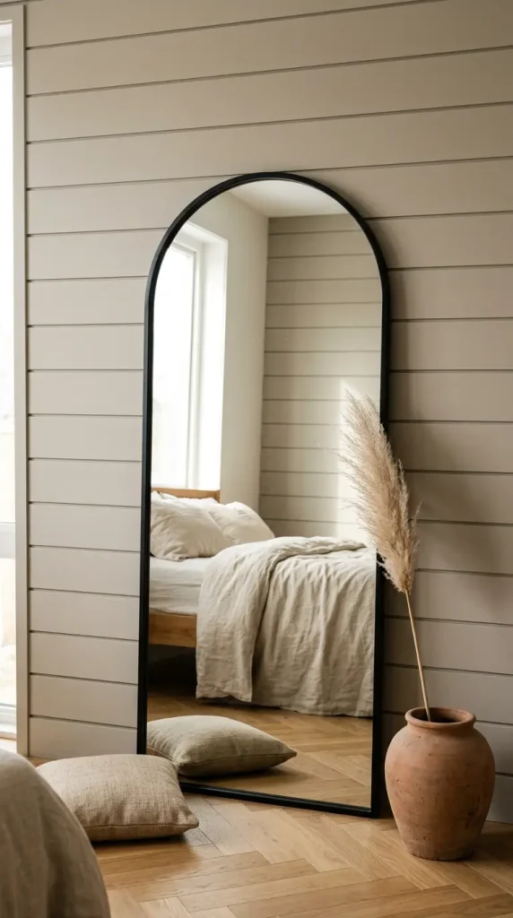 14 Big Mirror in Bedroom Leaning Arch Black Frame Greige 7 7. Arch Mirror Leaned Against Greige Shiplap Panelling
