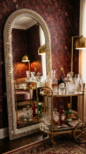 20 Bedazzled Mirror Disco Ball Living Room Maximalist Wall 7 7. Arched Mirror Bedazzled With Rhinestones Beside a Bar Cart