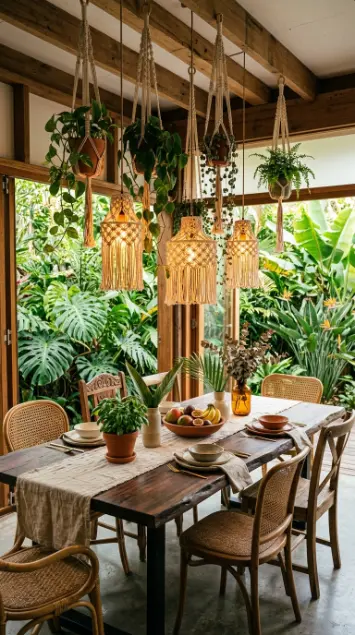 17 Indoor Outdoor Living Boho Macramé Jungle Garden View 7 7. Boho Jungle Dining Table With Overhead Macramé and Plant Installation
