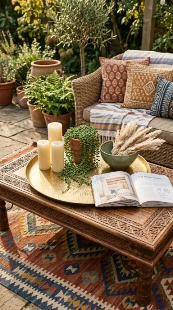 28 Outdoor Patio Ideas for a Boho Layered Living Room 7 7. Carved Timber Coffee Table With Brass Tray Styling