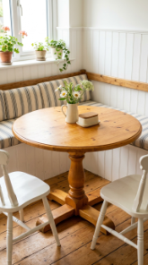 14 DIY Breakfast Nook Farmhouse Wainscoting Storage Bench 7 7. Choose a Round Pedestal Pine Table With Classic Farmhouse Proportions