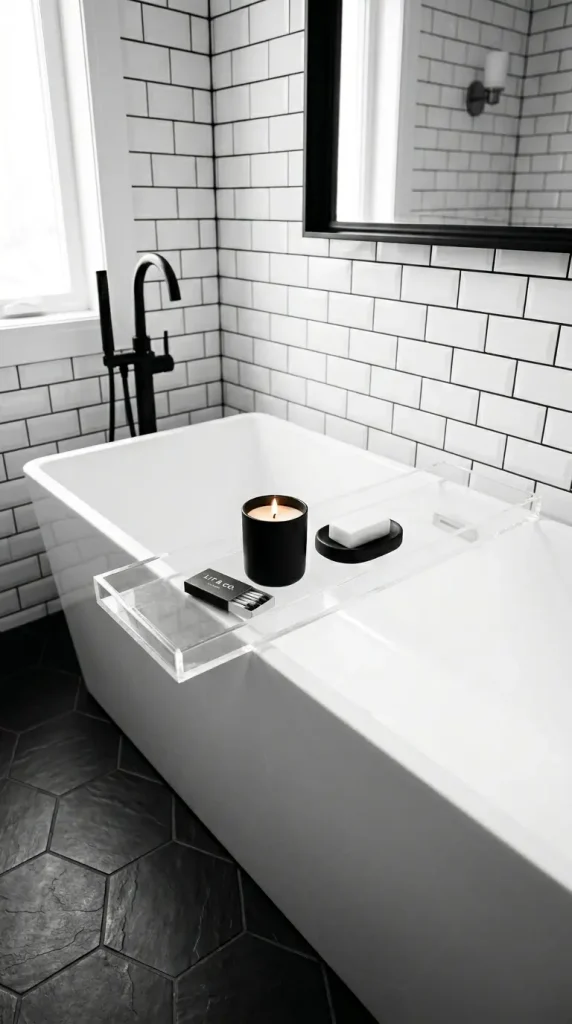 20 Bathtub Tray Clear Acrylic Modern Minimal Floating Look 7 7. Clear Acrylic Tray in a Black and White Monochrome Bathroom