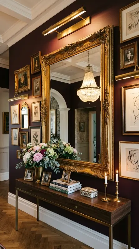 18 Console Table Decor Maximalist Gallery Wall Picture Lights 7 7. Console with Oversized Statement Mirror and Surrounding Smaller Frames
