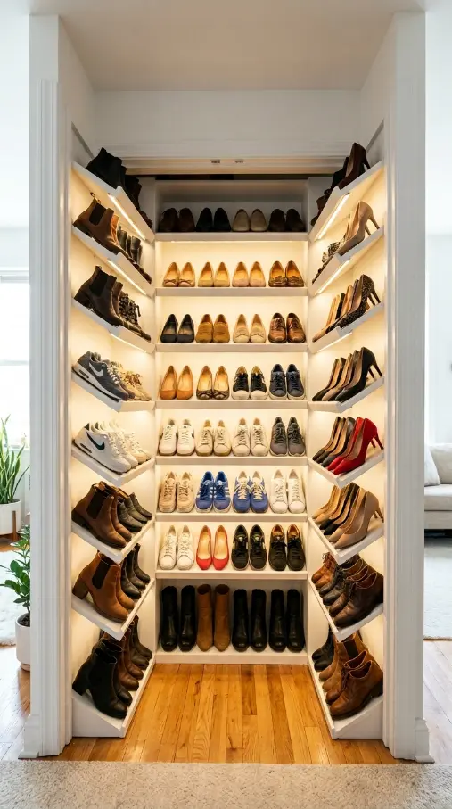 26 Smart Storage Closet Ideas Corner Diagonal Closet 7 7. Corner Diagonal Closet — Shoe Storage Wall
