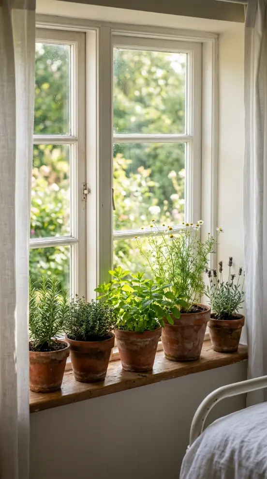 32 Cute Room Ideas for a Dreamy Cottagecore Bedroom 7 7. Cottagecore Windowsill Herb Garden