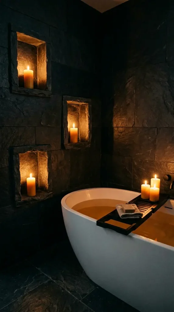15 Bath Tub Decor Ideas Dark Moody Candlelit Night Soak 7 7. Create a Dark Moody Night Soak With Dark Stone Walls and Candlelit Niches