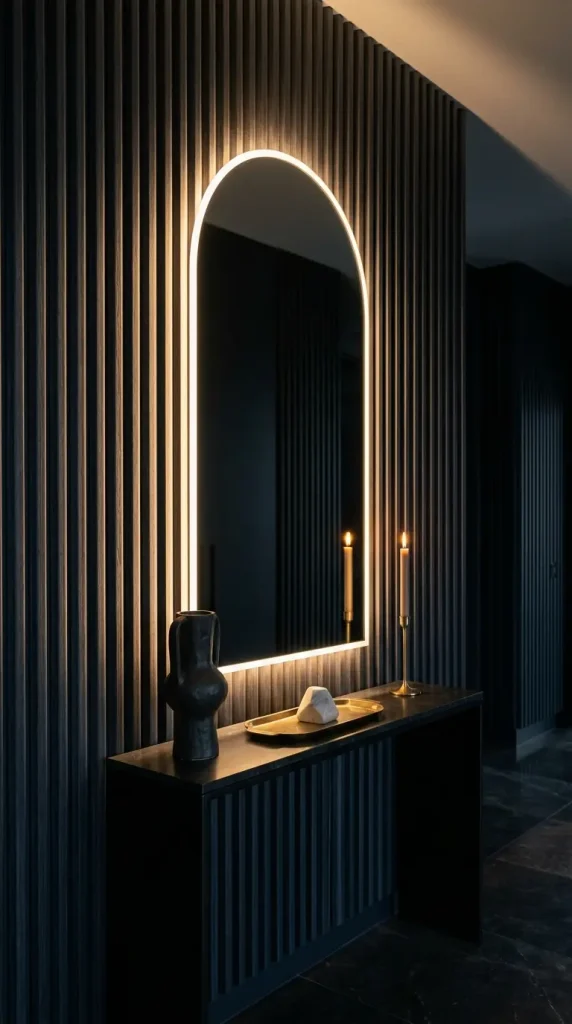 12 Hallway Mirror Ideas Arch LED Backlit Dark Luxury 7 7. Create an Arch LED Mirror Dark Hallway With Fluted Wall Panelling