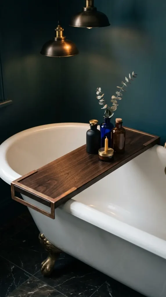 18 Bathtub Caddy Vintage Clawfoot Rustic Wood Floral Brass 7 7. Dark Walnut and Unlacquered Brass Caddy in a Moody Victorian Bathroom