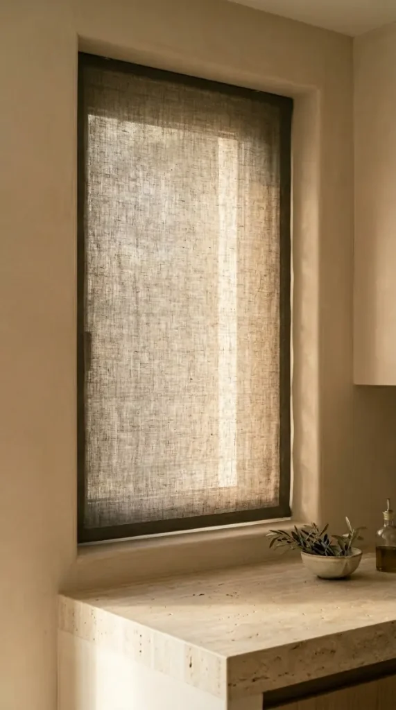 11 Minimalist Luxury Kitchen Quiet Luxury Greige Travertine Warm 7 7. Deep Greige Linen Roman Blind at the Kitchen Window