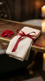 18 Romantic Bathtub Caddy Decor Ideas Rose Petal Candlelight 7 7. Drape a Linen Washcloth Tied With a Thin Red Ribbon Over the Caddy Edge