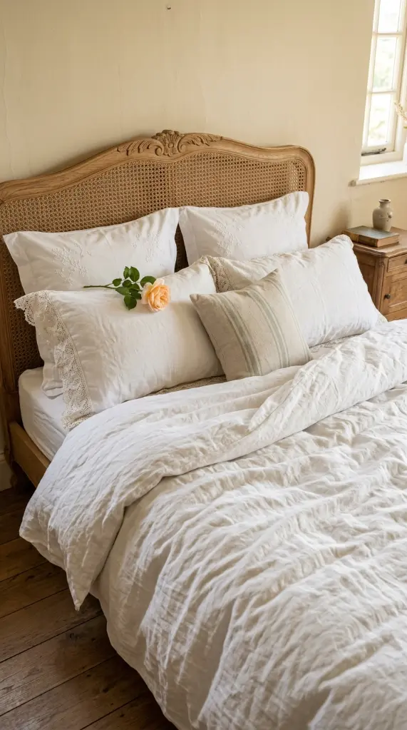 14 Vintage Bedroom Ideas Cane Rattan European Elegant 7 7. Dress the Bed in White Linen With Antique Lace Trim Pillowcases